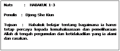 Text Box: Nats        :   HABAKUK 1-3
Penulis   :  Djong She Kiun 
Tujuan   :   Habakuk belajar tentang bagaimana ia harus tetap percaya kepada kemahakuasaan dan pemeliharaan Allah di tengah pergumulan dan ketidakadilan yang ia alami dan rasakan.
