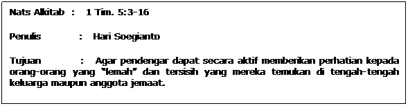 Text Box: Nats Alkitab  :   1 Tim. 5:3-16
Penulis           :   Hari Soegianto
Tujuan           :   Agar pendengar dapat secara aktif memberikan perhatian kepada orang-orang yang lemah dan tersisih yang mereka temukan di tengah-tengah keluarga maupun anggota jemaat.
